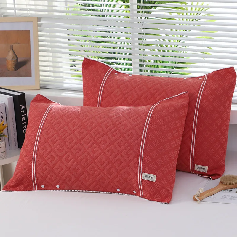 

Red Cotton Pillow Towel Adjustable Snap Closure Non Slip Cover Sweat Absorbing Anti Oil Envelope for Bed Decorative Pillows