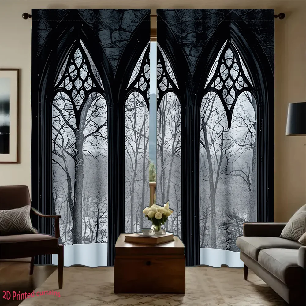 2PCS Gothic Winter Forest Scene Window View Decorative Curtains Rod-Pocket Easy Hanging for Living Room And Bedroom Decor