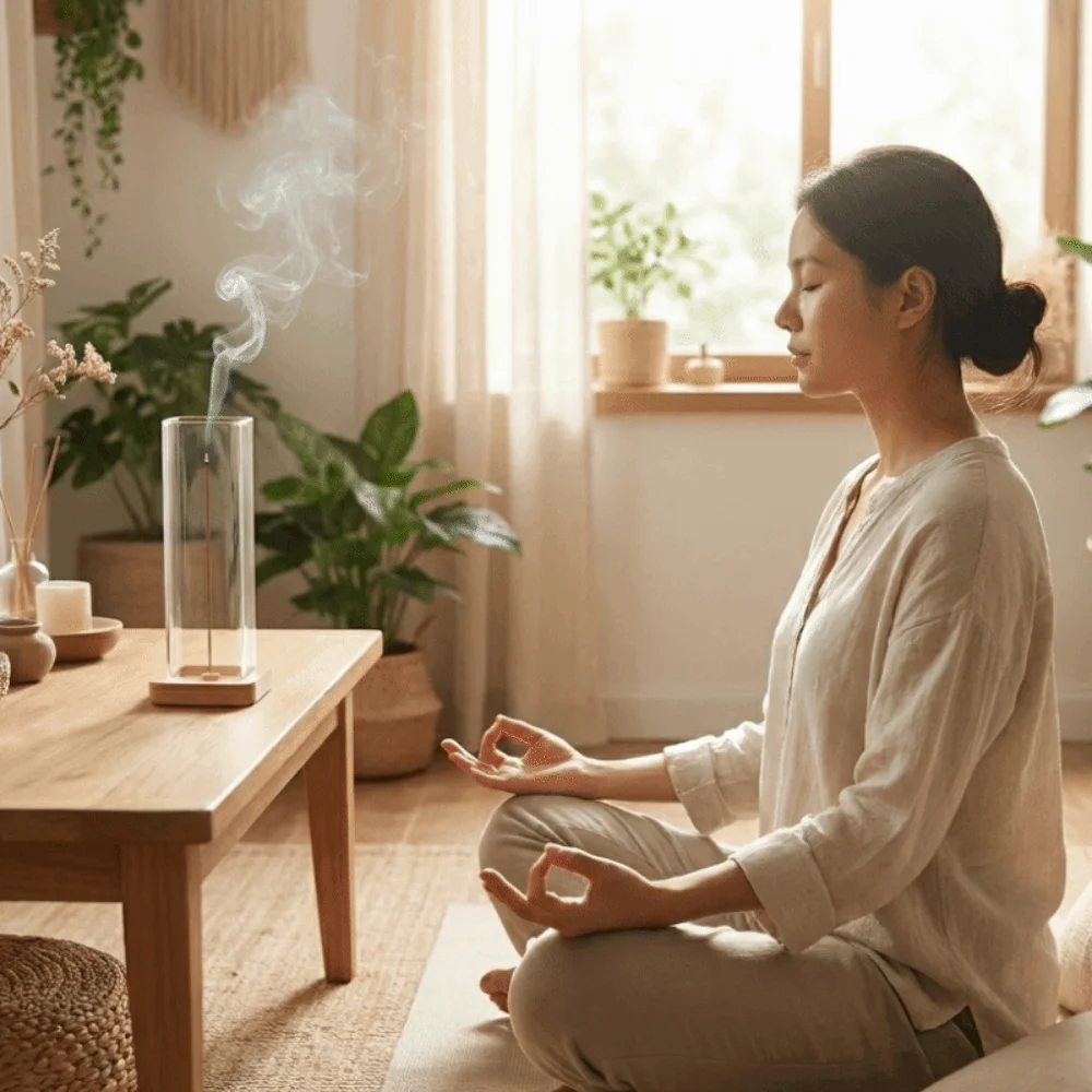 Transparent Glass Incense Holder Zen Style Minimalist Incense Burner Bamboo Base Removable Anti-Ash Flying Incense Burner