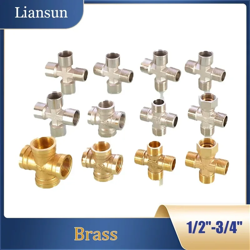 

1/2" & 3/4" 4-Way Cross Brass-Plated Pipe Fitting - Male/Female Thread & Barbed Union Adapter