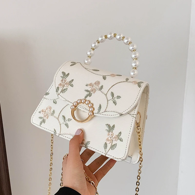 Women Crossbody Bag Flower Embroidery Pearl Chain Decor Pu Leather Female Shoulder Bag Spring Summer Fashion Flap Handbag