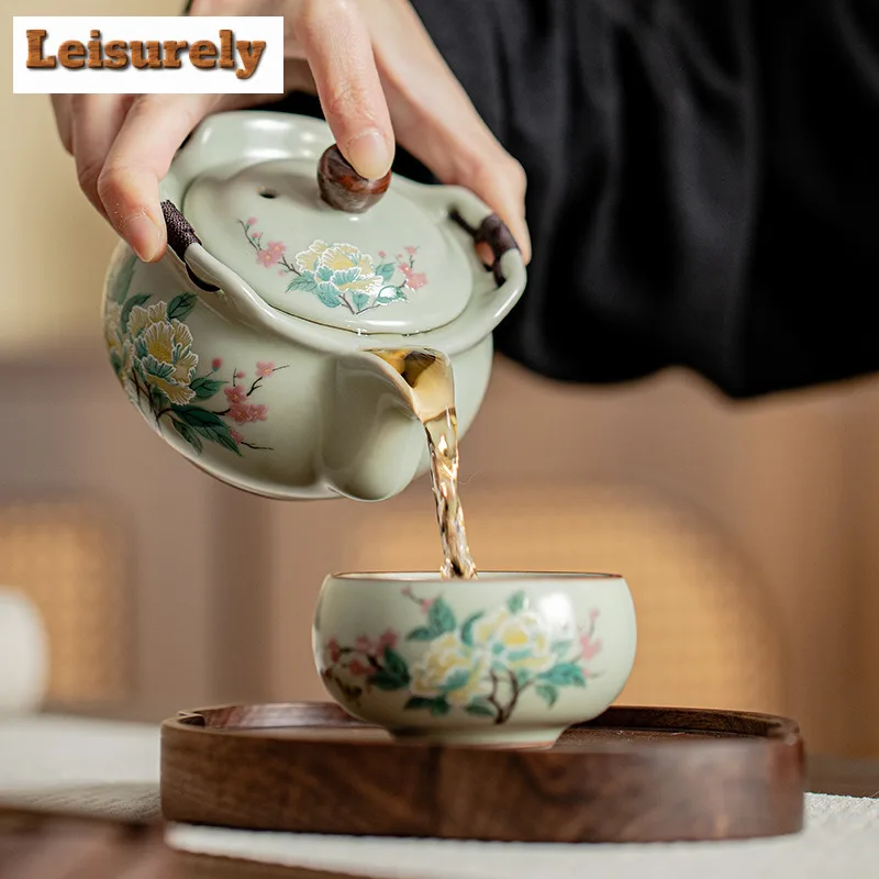 200ml Handmade Pea Green Ru Kiln Teapot Japanese Hibiscus Mutabilis Flower Hand Grab Pot Tea Brewing Kettle Puer Cha Decoration