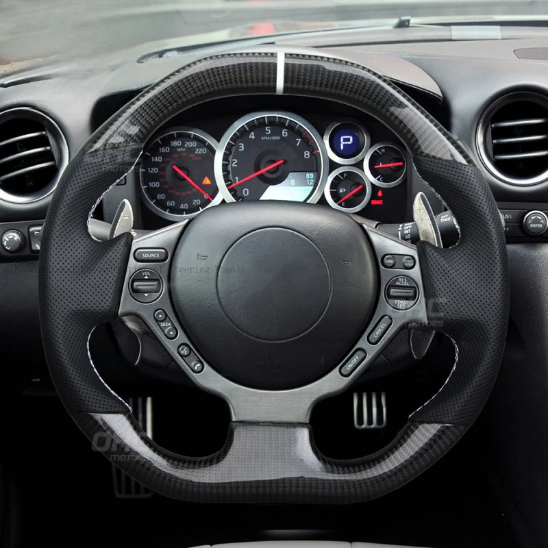 Suitable for Nissan GT-R R35 carbon fiber steering wheel modification, white positioning line, black perforated leather
