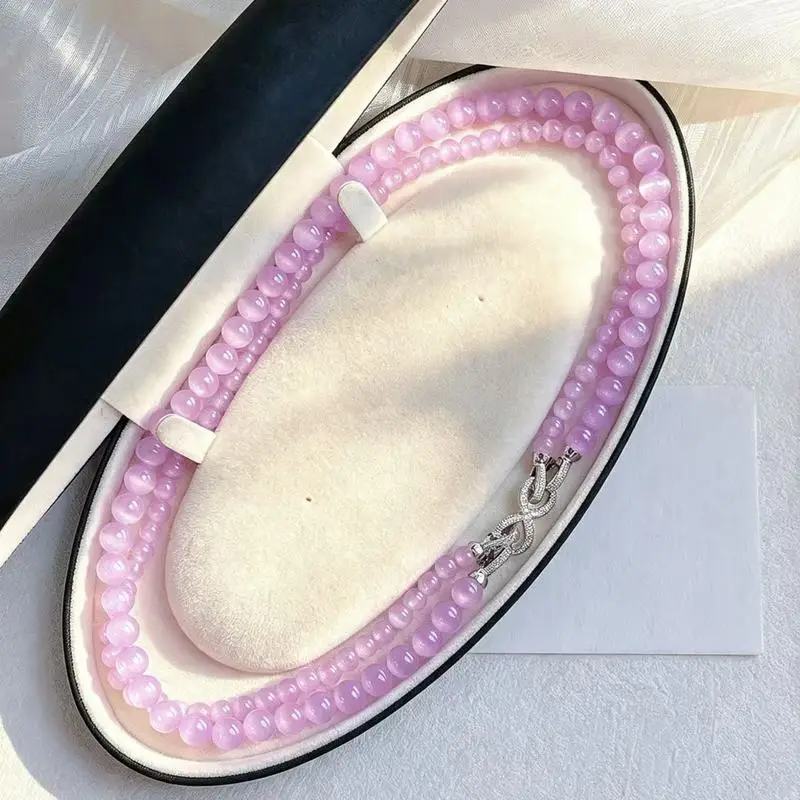 High-quality purple lithium tourmaline cat's eye stone double-layer necklace with multiple wearing styles suitable for the coll