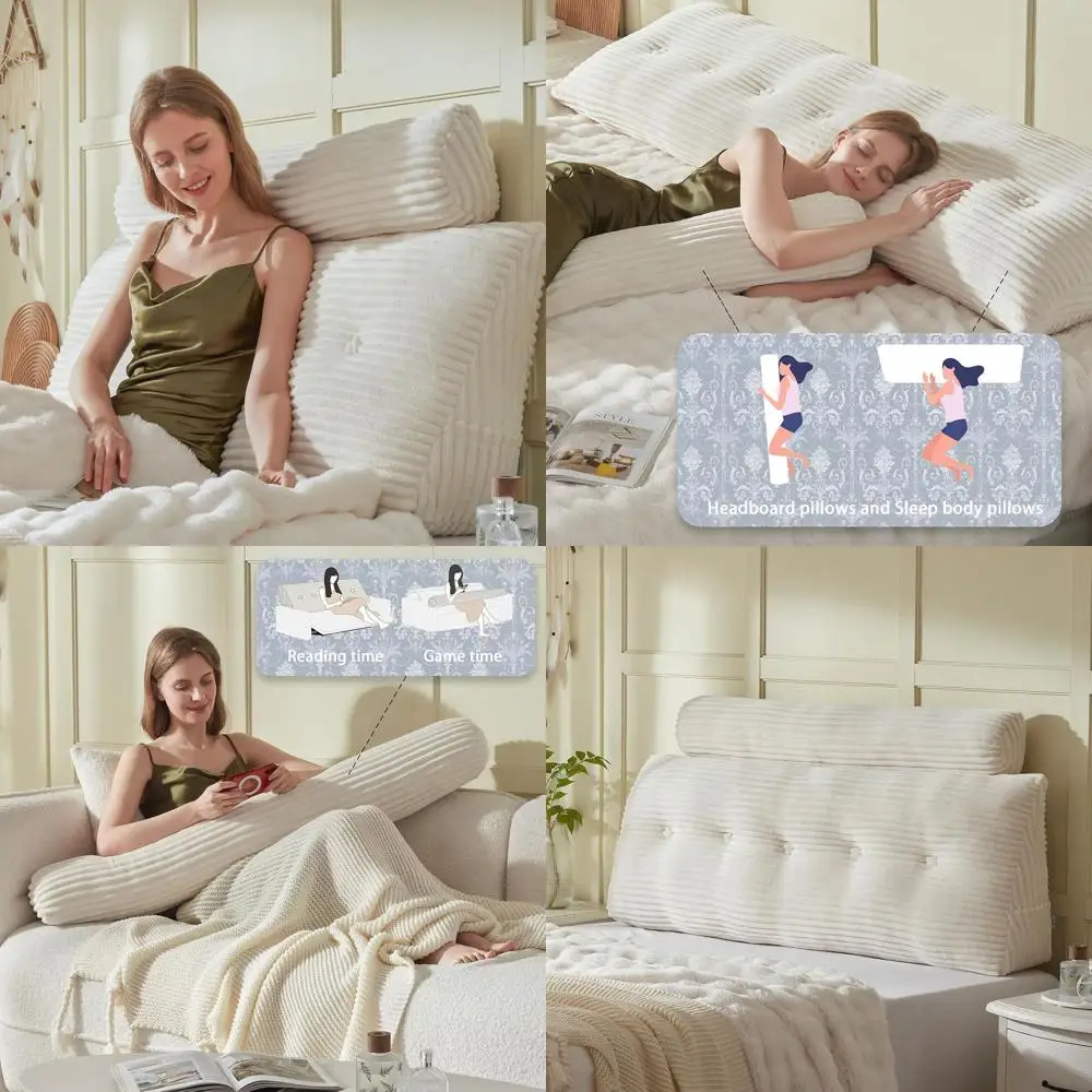 

Бежевая подушка на танкетке изголовья королевского размера с рулоном для шеи и подушкой для тела, съемный чехол, 59x8x20 дюймов