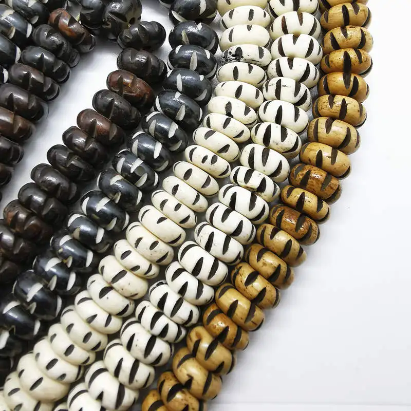 Tibetan Prayer Beads Malas 108 Yak Bone Caved Disc Beads Strand 13x5mm Multi Colors BRO869