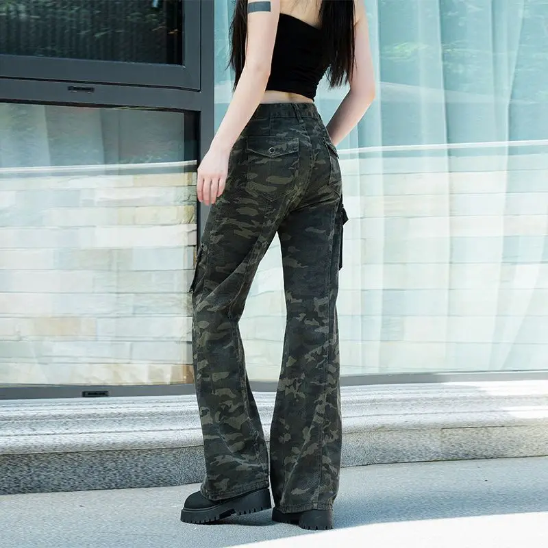 

2026 Spring Autumn Spicy Girl Camouflage Trumpet Jeans for Women High Waist Flare Pants Slim Fit and Slimming Temperament Jeans