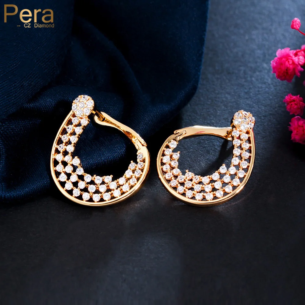 Pera Dignified Yellow Gold Color Jewelry CZ Stone Cute Flower Safety Clasp Big Dangle Drop Earrings Banquet Party for Women E905