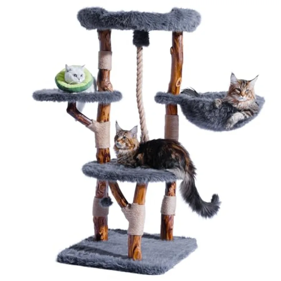 

Aesthetic Cat Tree Tower for Large Cats: Solid Wood Faux Fox Fur, Beige, Sturdy Sisal Scratching Post, Hammock, Perches, Platfo