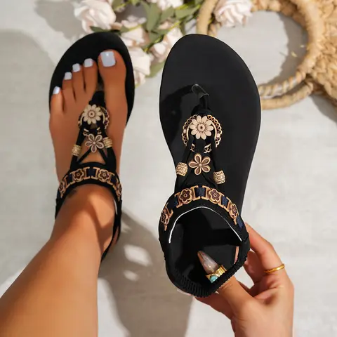 Women's fashionable round toe clip toe bohemian style one-piece elastic flat sandals