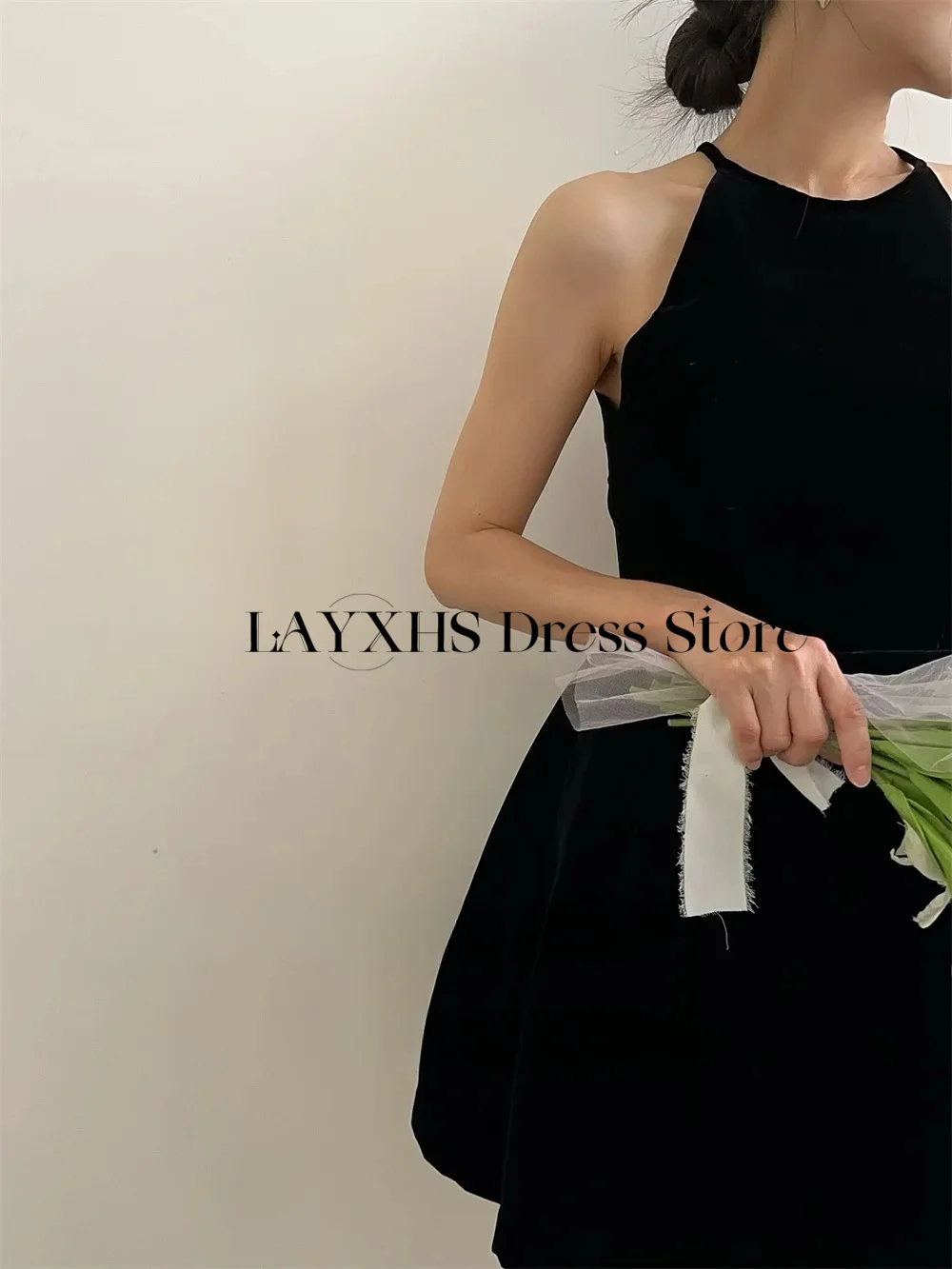 Czarna Mini Sukienka na Wesele, typu Halter, Linia A, Aksamitna, Koreańska, na Sesję Zdjęciową, Urodzinowa, Długość Nad Kolano, Sukienka na Bal, Szyta na Miarę