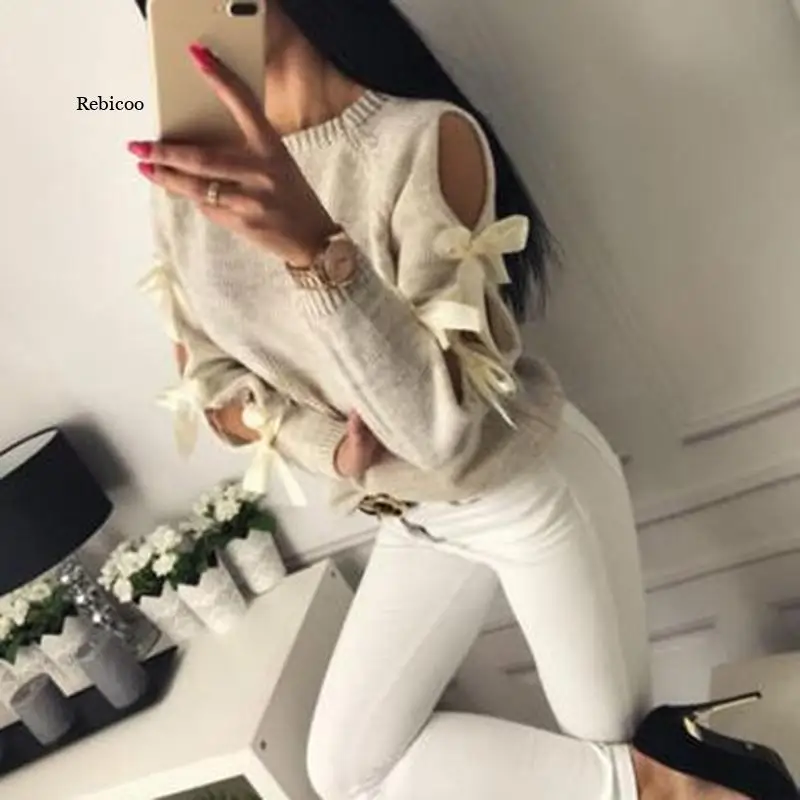 New Women Bow Hollow Out Long Sleeve Warm Sweater Pullover Knitting Bow Loose O-Neck Tops Blouse Knitwear