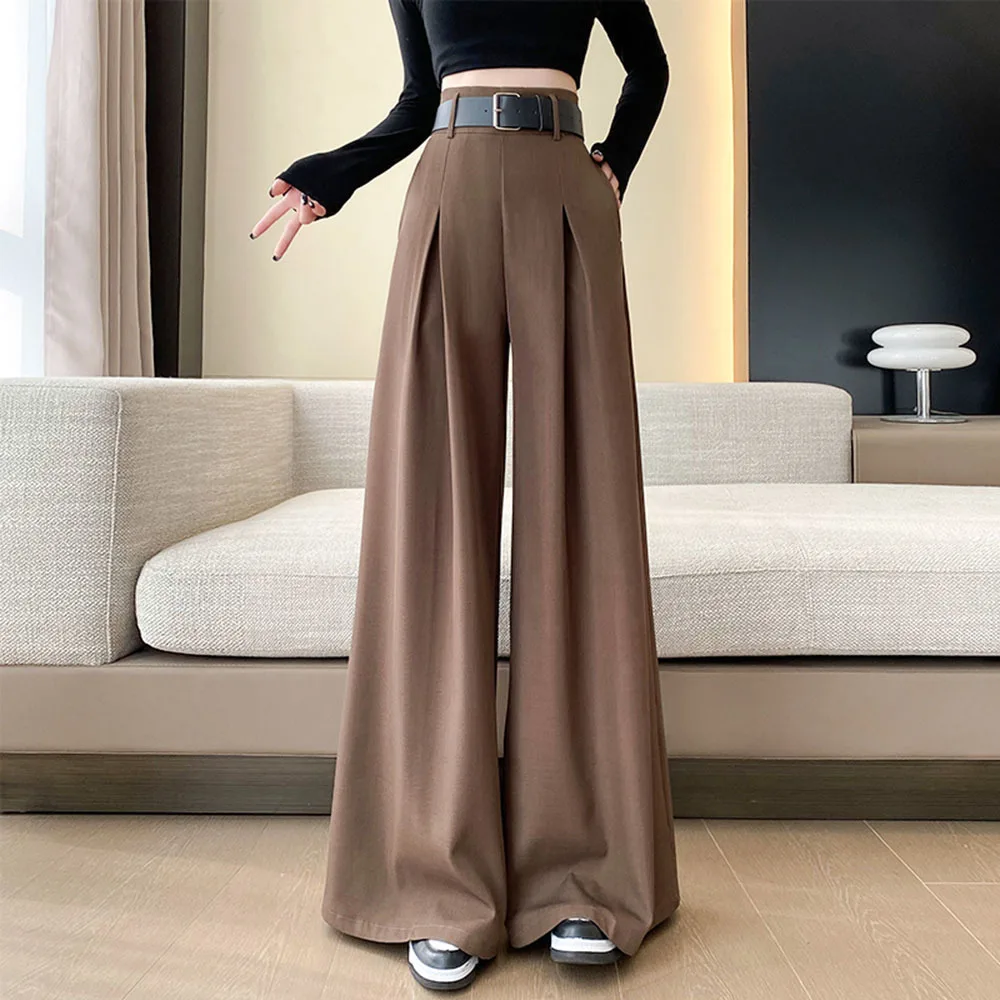 Pleated High Waist Straight Pants Ladies Fashion Wide Leg Pants Gray Suit Pants Women\'s Autumn Winter Casual Office Trousersual