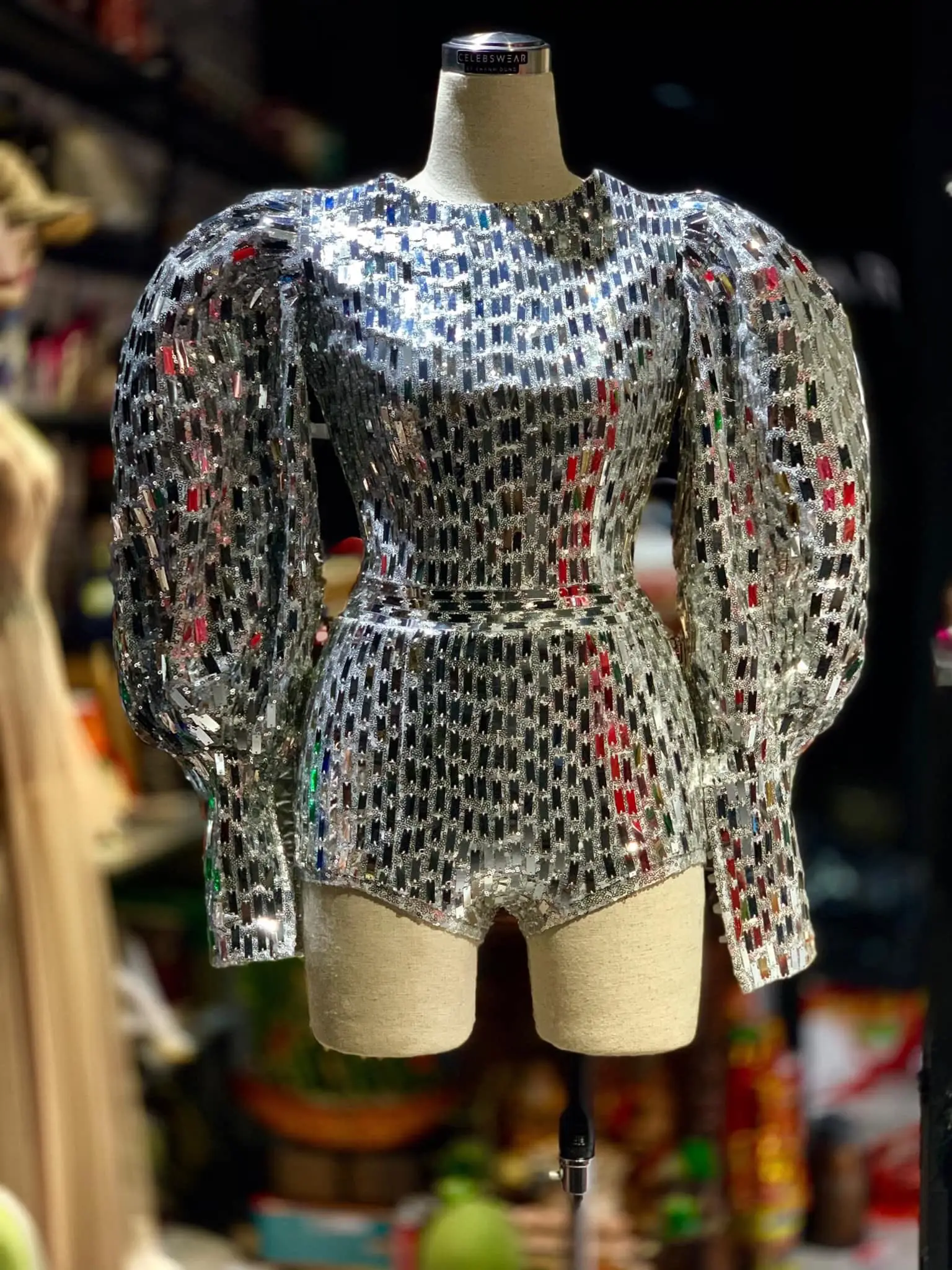 Customized lantern sleeves, irregular waistband, full seam sequin mirror jumpsuit, Halloween modern performance costume