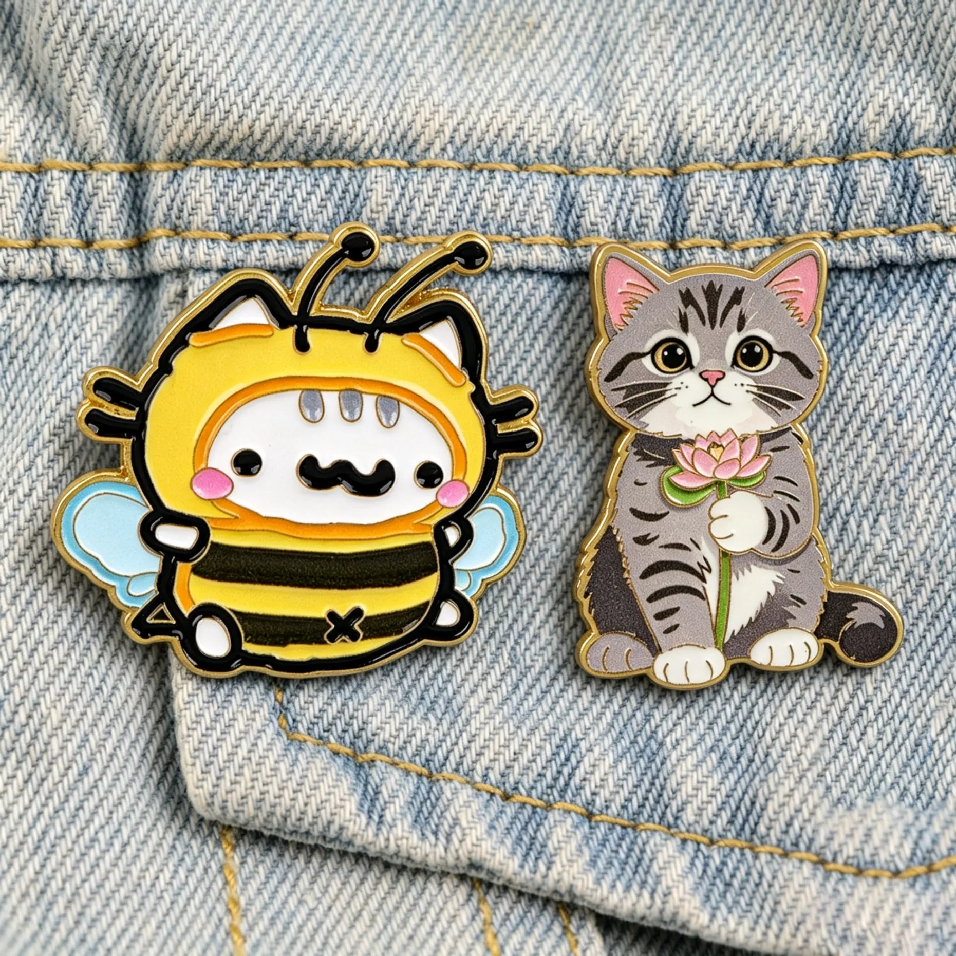 Cute Cat Enamel Pins Bee Costume & Lotus Cat Brooch Lapel Badge for Backpacks Jackets Gifts Clothing Decoration