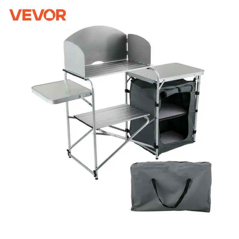 VEVOR กลางแจ้ง Camping โต๊ะในครัวแบบพกพาพับอลูมิเนียมปิกนิกตู้กระจกออแกไนเซอร์จัดเก็บปรับฟุต