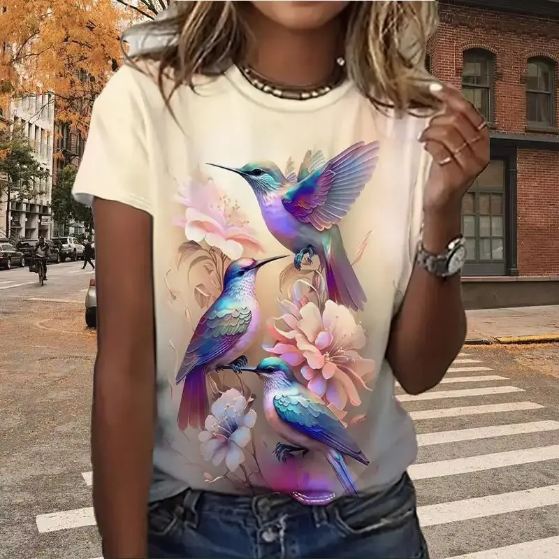 Summer Women's T Shirt bird Print Casual Short Sleeve 3d T-Shirt Fashion Streetwear Crew Neck Pullover Female Oversized Clothing