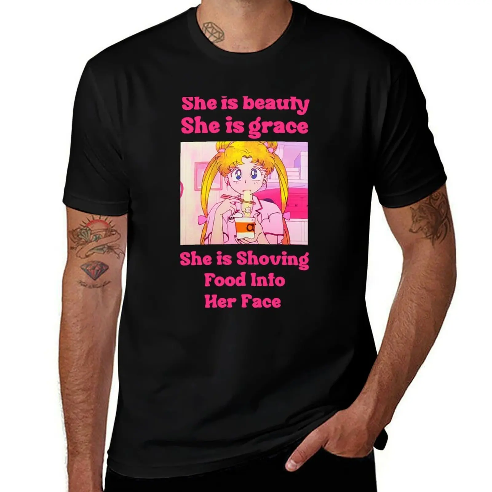 She is beauty she is grace she is shoving food into her face T-Shirt Basic Lightweight Short Sleeve Tee T-Shirt