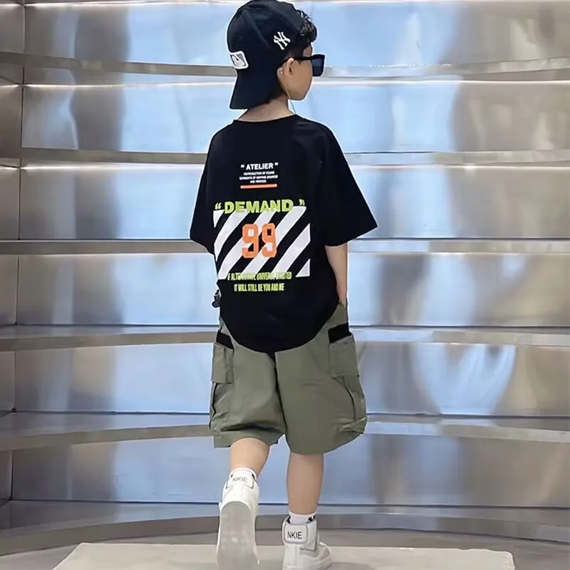 Teenage Boys Clothing Set 2024 Summer New Fashionable Korean Children's Loose Short sleeved T-shirt Shorts Two piece Set