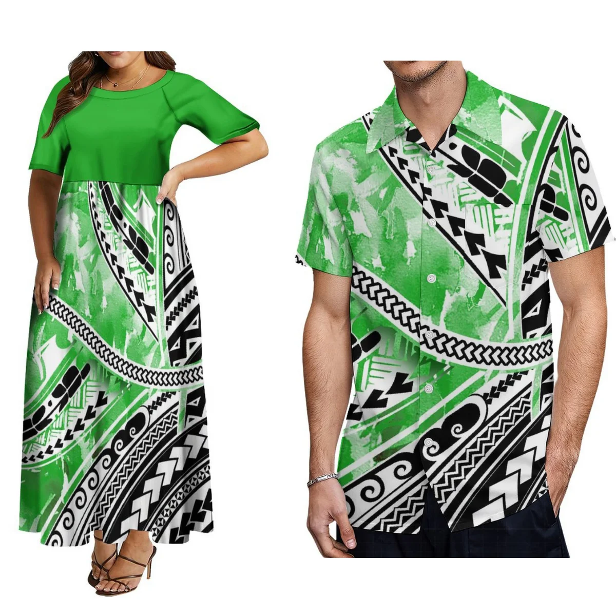 

Samoa Plus-Size Couple Suit Women'S Crew Neck Short-Sleeved Dress Matching Casual Men'S Pocket Shirt Polynesian Tribe Custom