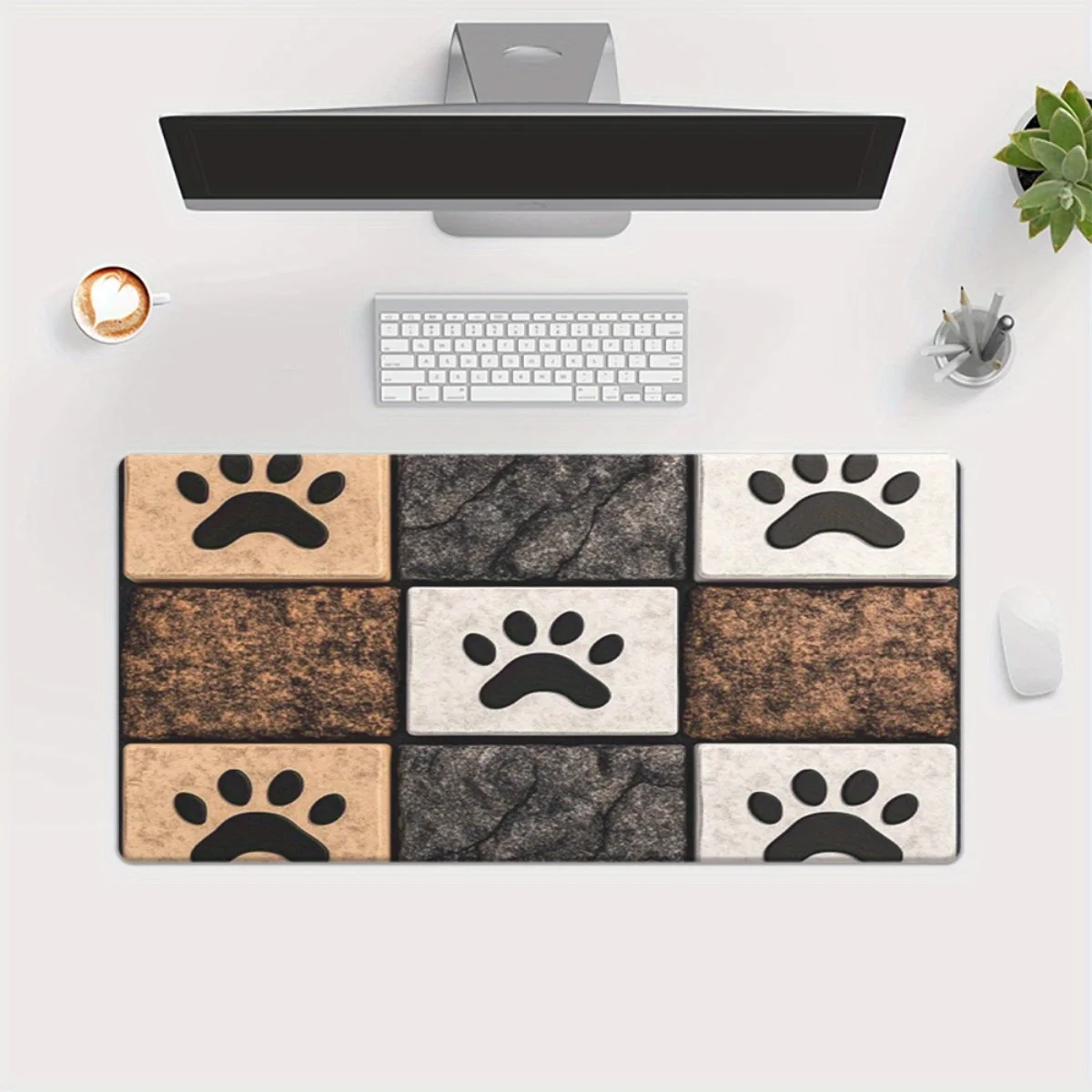 Paw Print Checkered Stone Texture Mouse Pad Durable Rubber Desk Mat for Gaming Office Laptops