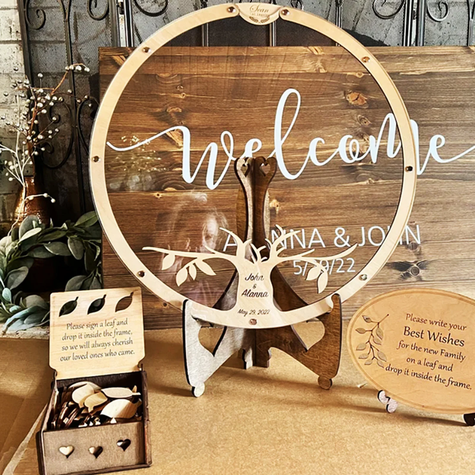 

Wedding Guest Book Alternative Card Box 60 Wood Leaves Guest Sign in Wedding