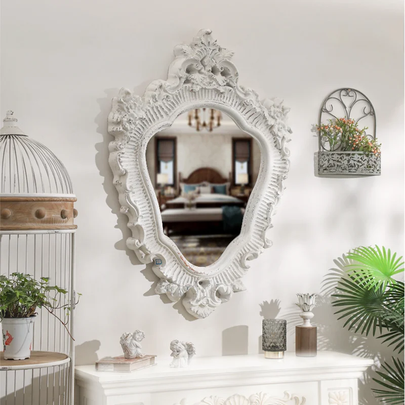French country style decorative hanging mirror, bathroom carved bathroom mirror, wooden old