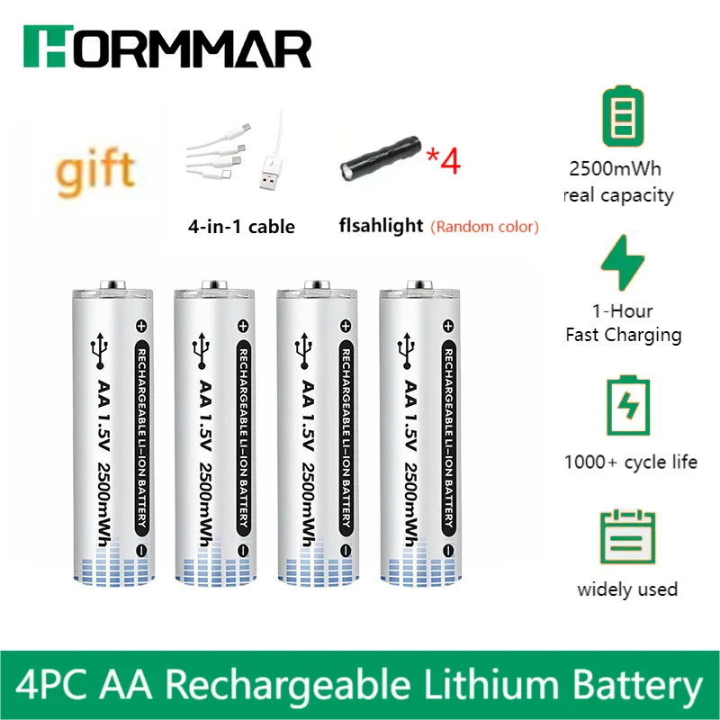 1.5V AA Battery Rechargeable Lithium Battery 2500mWh Environment Protection High Quality Batteries USBTYPE-C Direct Charging