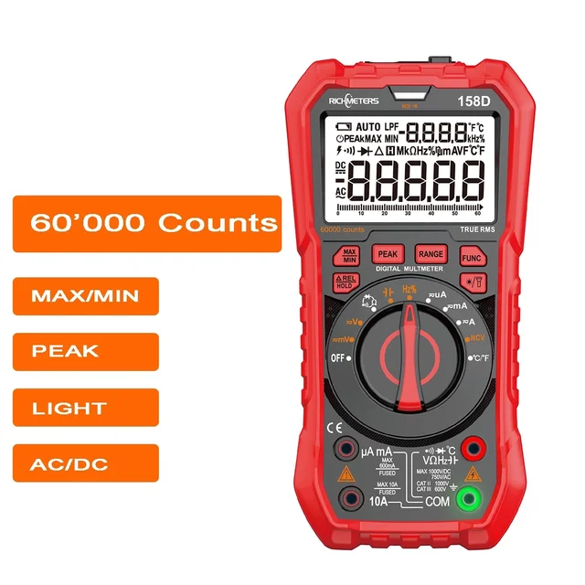 RICHMETERS RM158D NCV multimetr cyfrowy 60000 zliczeń automatyczny zakres miernik napięcia AC/DC Flash Back Light duży ekran