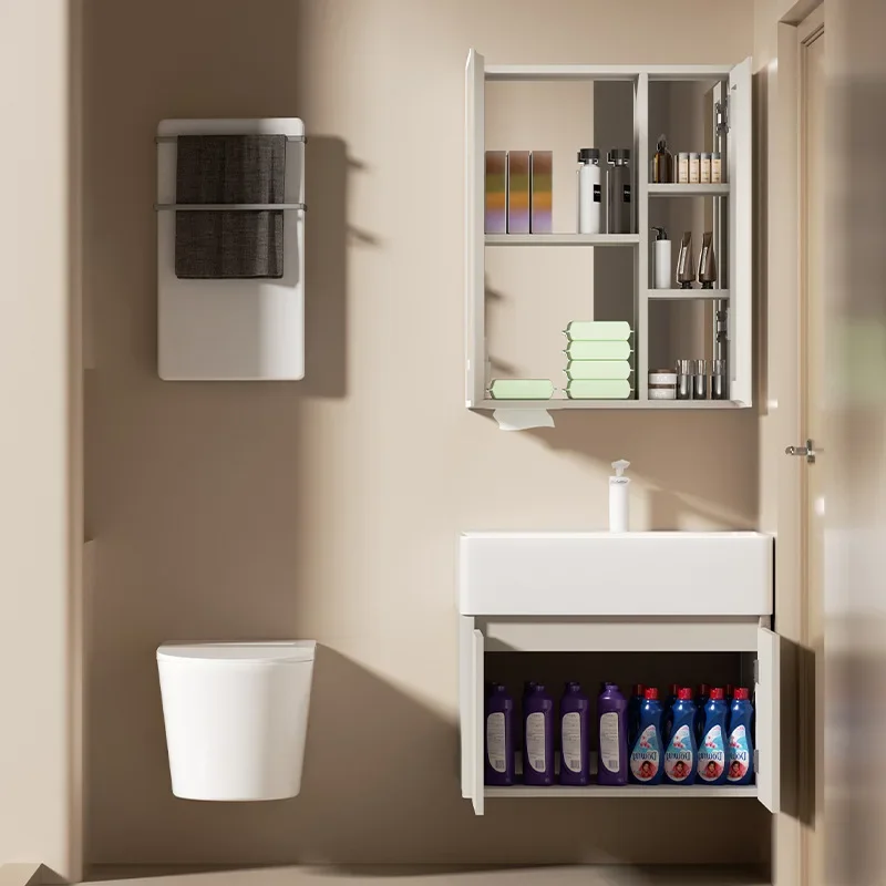 Cream small apartment honeycomb aluminum bathroom cabinet combination ceramic integrated basin small size bathroom hand washbasi