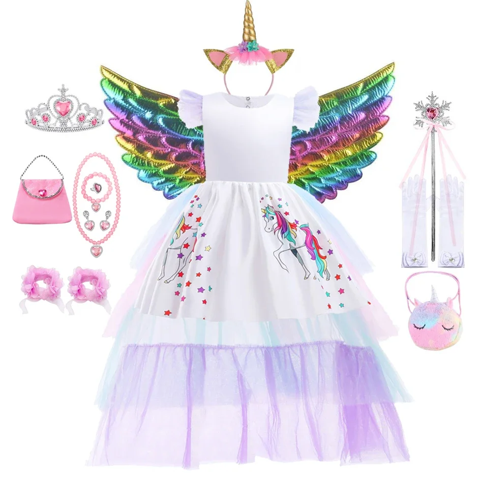 Gaun Unicorn untuk anak perempuan, kostum Cosplay putri Halloween Tulle, gaun pesta ulang tahun anak perempuan bunga Pastel