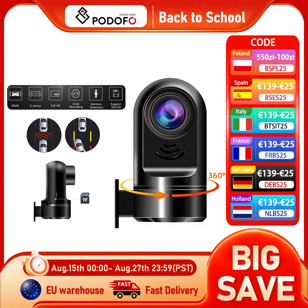 Podofo ADAS Registratore per auto LDWS FCWS Visione notturna Mini Auto DVR Camera HD 1080P Dash Camera Car DVR Loop-Cycle Registrazione G-sensor