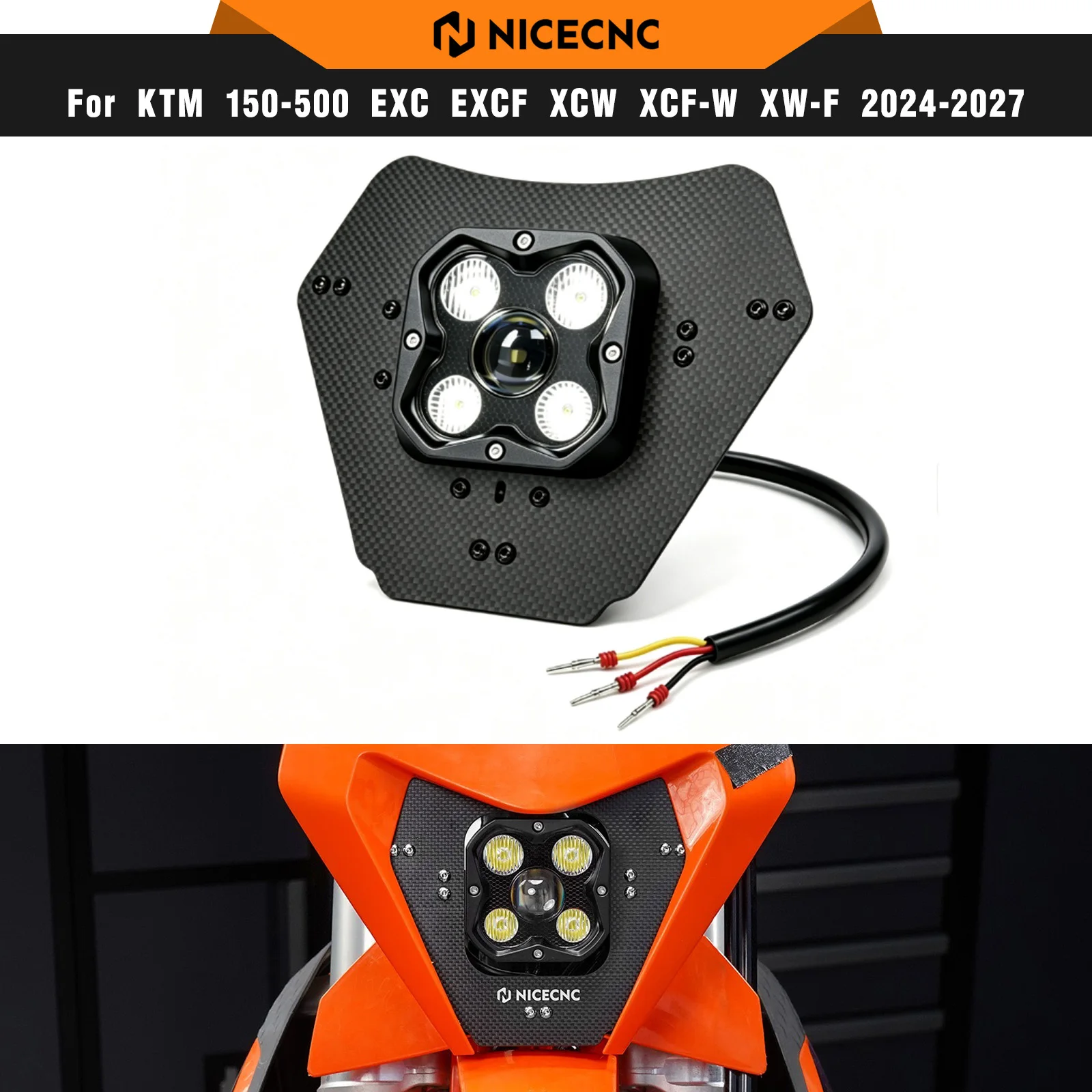 NICECNC For KTM EXC 300 2024-2027 Motorcycle Carbon Fiber LED Headlight Adjustable Headlamp EXC 380 EXC-F 350 450 XCW XCF-W XW-F