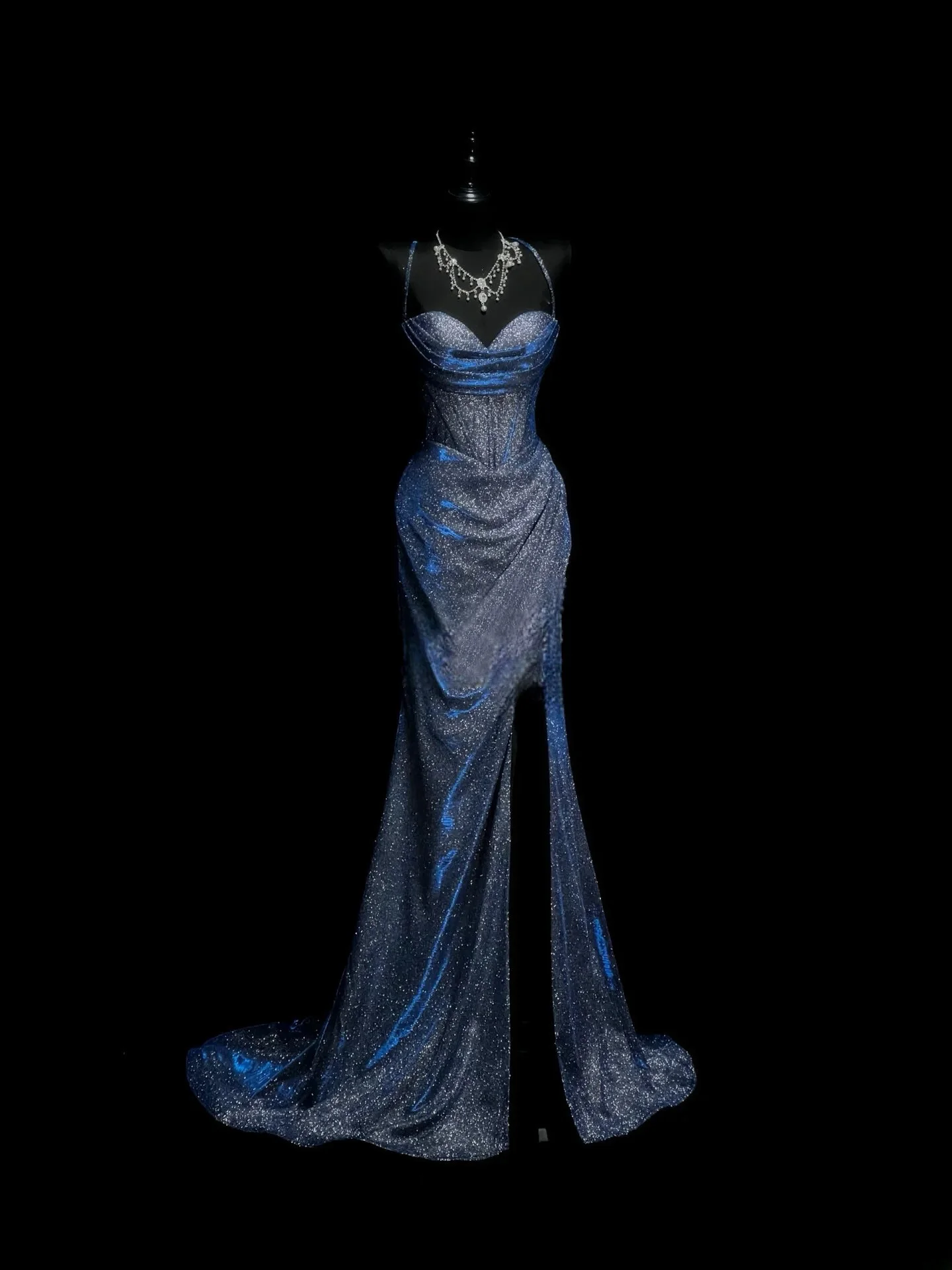 

Vintage Blue Party Evening Dress Sequin Spaghetti Strap High Split Backless Sleeveless Women's Prom Gown Floor Length