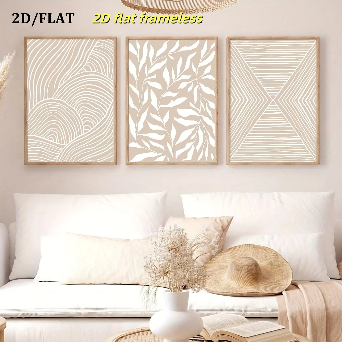 3 neutral beige abstract plant geometric pattern line art canvas posters, Bohemian style abstract art posters, creative ideal ho