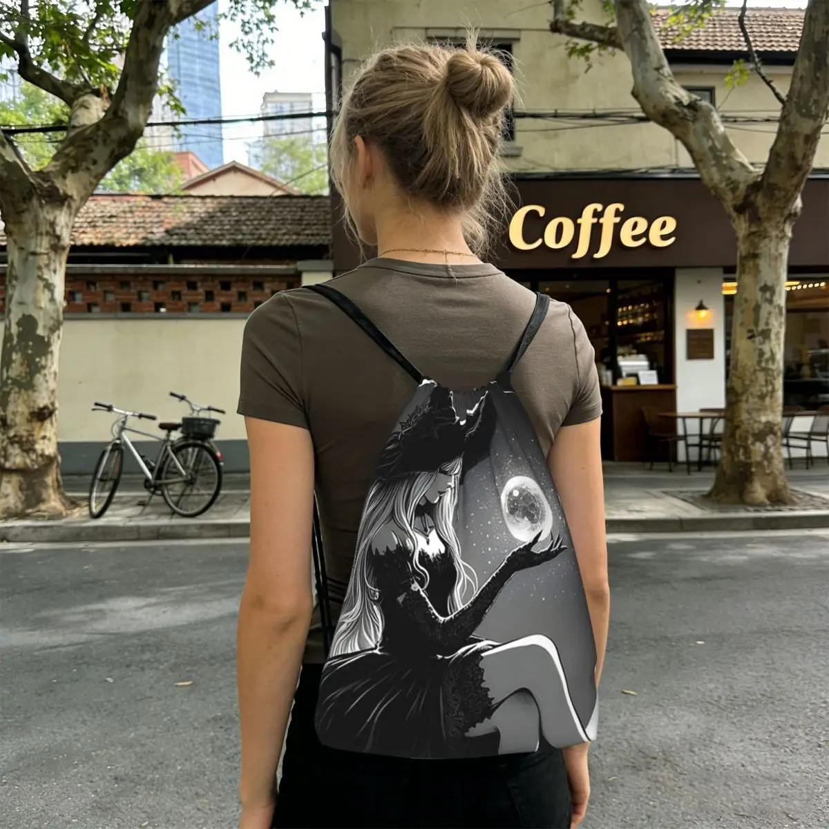 

Mystical Gothic Witch With Moon Orb Backpacks Fashion Drawstring Bundle Pocket Sports Bag Book Bags for Travel School