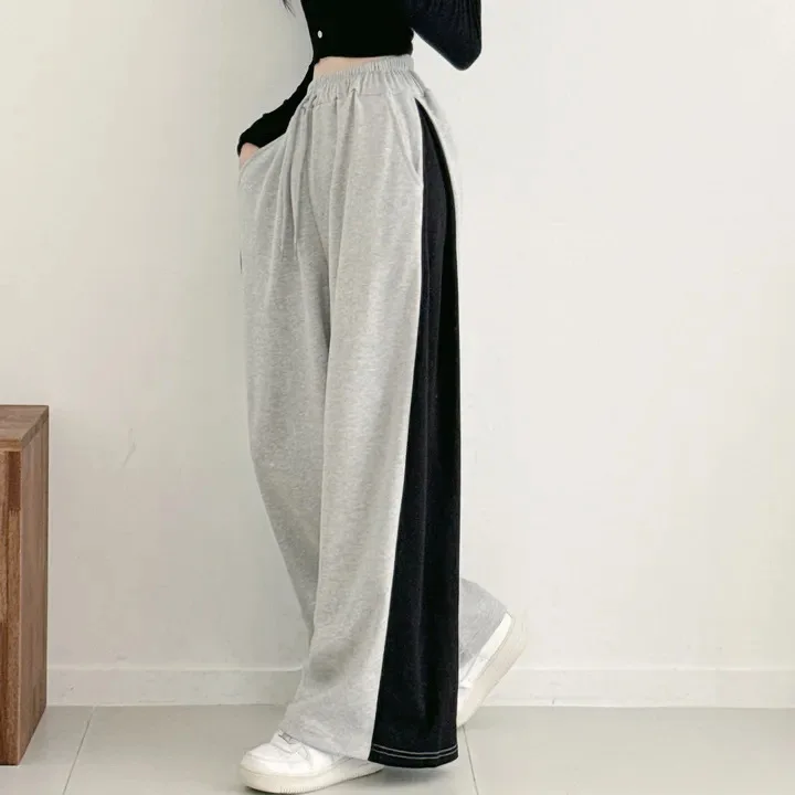 Autumn High Waist Cotton New Gray Wide Leg Trousers Women's Plus Size Casual Sports Straight Leg Pants Loose Trendy Long Pants