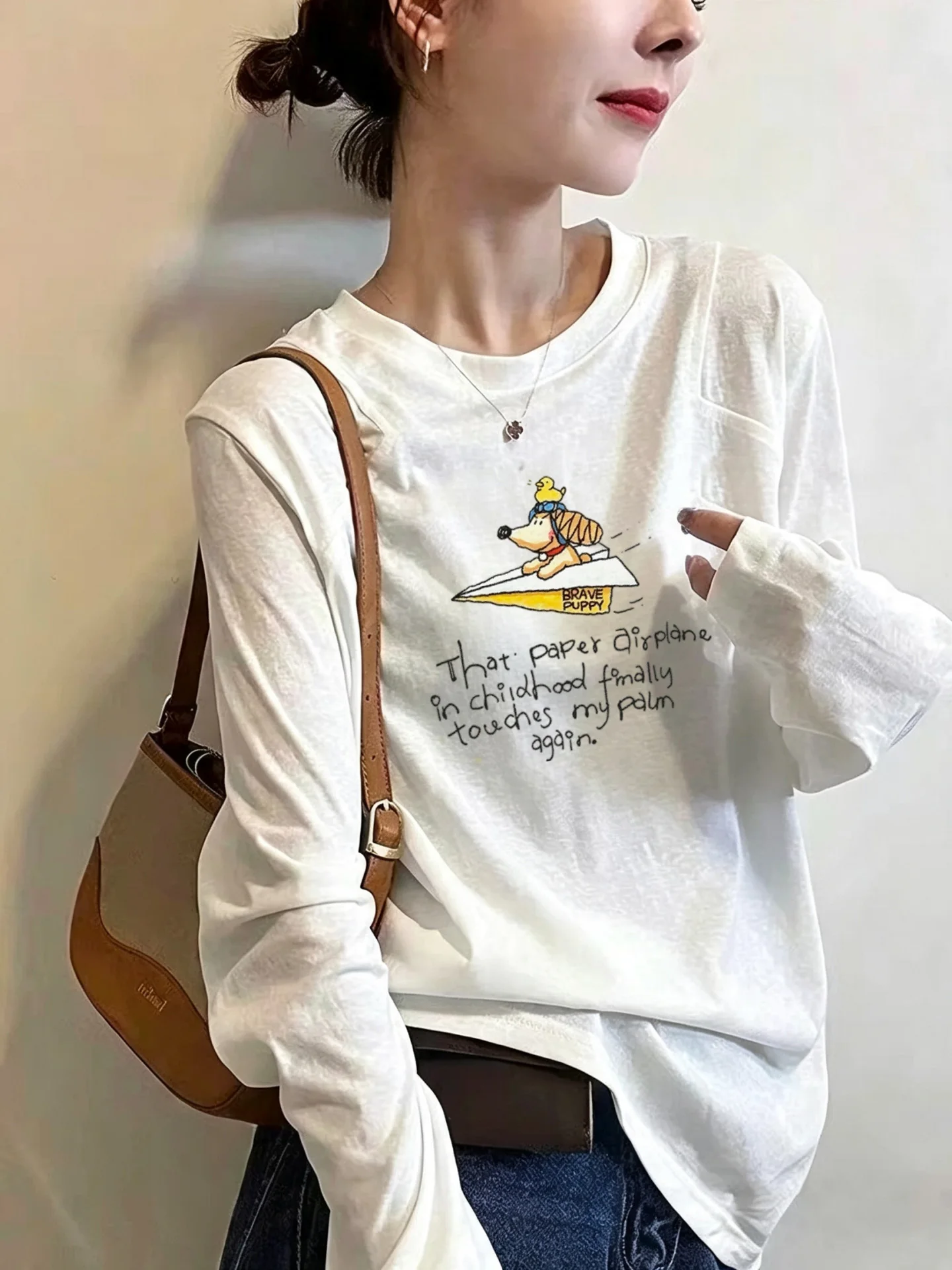 Korean Style Long Sleeve Snowflake Cotton T-Shirt Women's Loose Thin Base Layer Top Retro Cartoon Print Shoulder Width Regula...