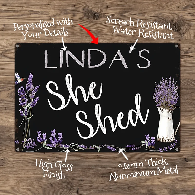Personalized Name She Shed Metal Sign Vintage Lavender Hummingbird Aluminum Plaque Waterproof Scratch Resistant Garden Woman Cav
