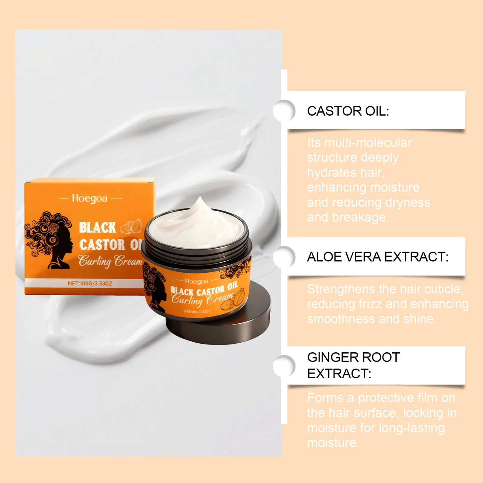 100g Black Castor Oil Curling Cream,Styling Curling Cream,Moisturizing Curl Cream For Natural Hair Definition 3