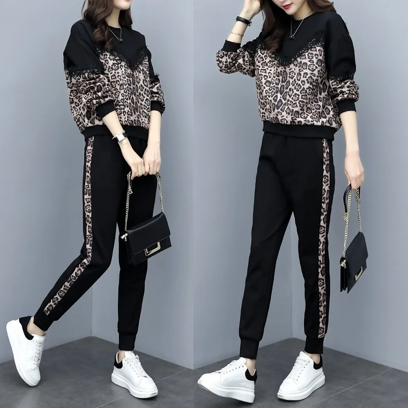 Fashion 2 Piece Sets Womens Outfits Leopard Pattern Hoodies Pullover And Pants Women\'s Tracksuit Elegant Winter Two Piece Set