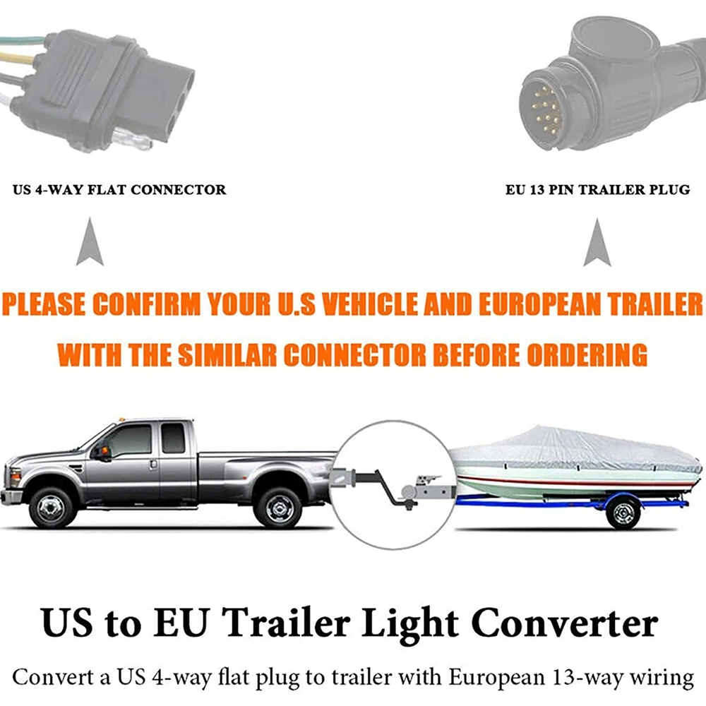 Trailer Light Converter European Round 13-Pin Connector to US 4-Pin Flat Plug