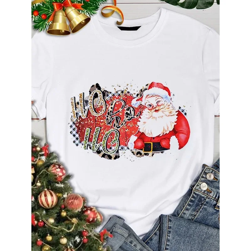 T-shirt amusant à motifs de Noël pour femmes, style kawaii, col rond, manches courtes, haut décontracté et esthétique.