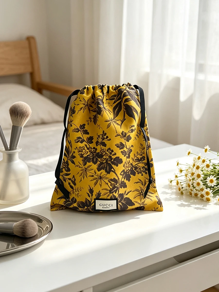 GUCCI Bright Yellow Floral Print Makeup Bag Drawstring Closure Soft Light Fabric Large Capacity Multifunctional Storage Pouch Fo