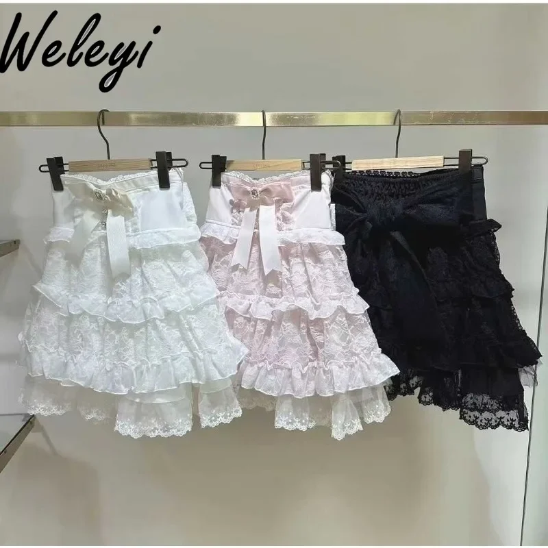 Jirai Kei Super Cute Sweet Girl Mesh Lace Skirt Japanese Fashion Women Clothes 2024 Summer Versatile Tricolor A Line Cake Skirts