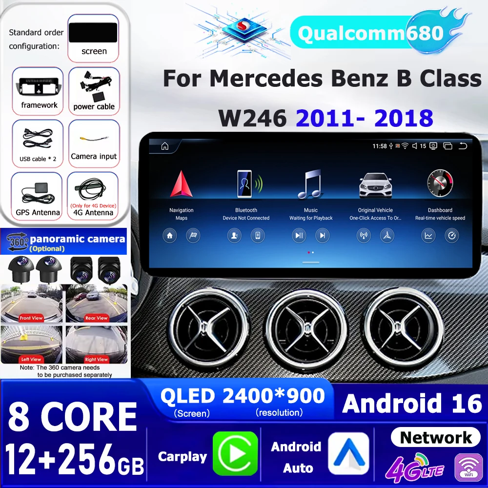 Auto-Multimedia-Radio-Videoplayer Android 16 für Mercedes Benz B-Klasse W246 2011 - 2018 Auto Wireless Carplay GPS WiFi DSP BT