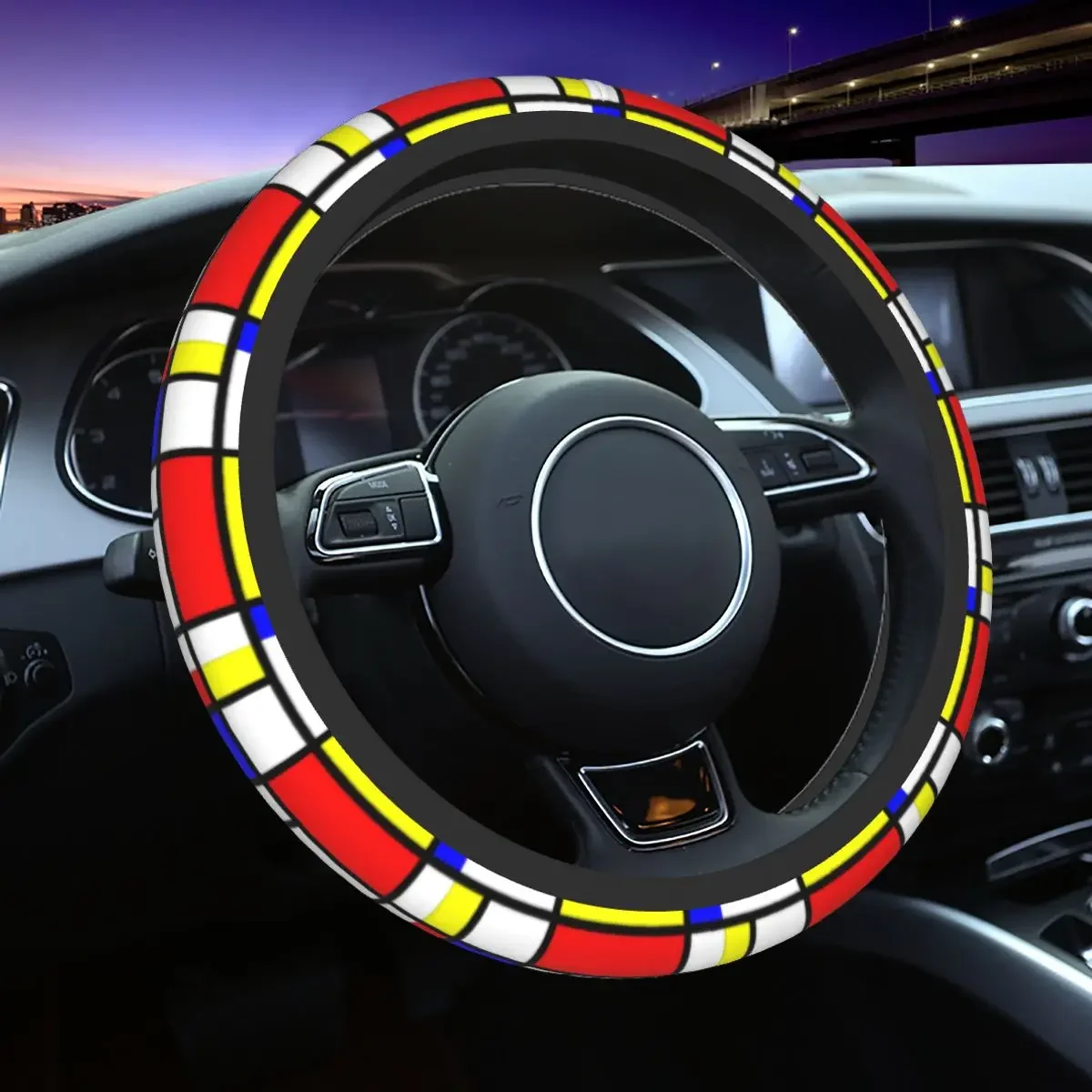 Mondrian Red Yellow Blue Abstract Steering Wheel Cover Geometric Modern Steering Wheel Protector Universal Fit Car Accessories