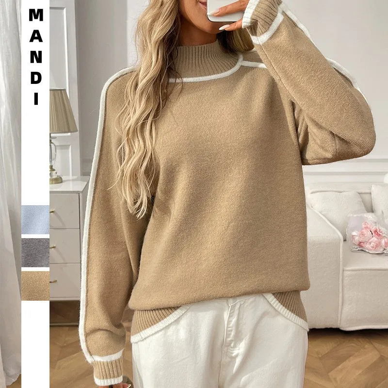 Suéter de Invierno para Mujer, Cuello Alto, Manga Larga, Suéter Holgado de Punto, Cuello Medio Alto, Corte Relajado, Color Beige Gris
