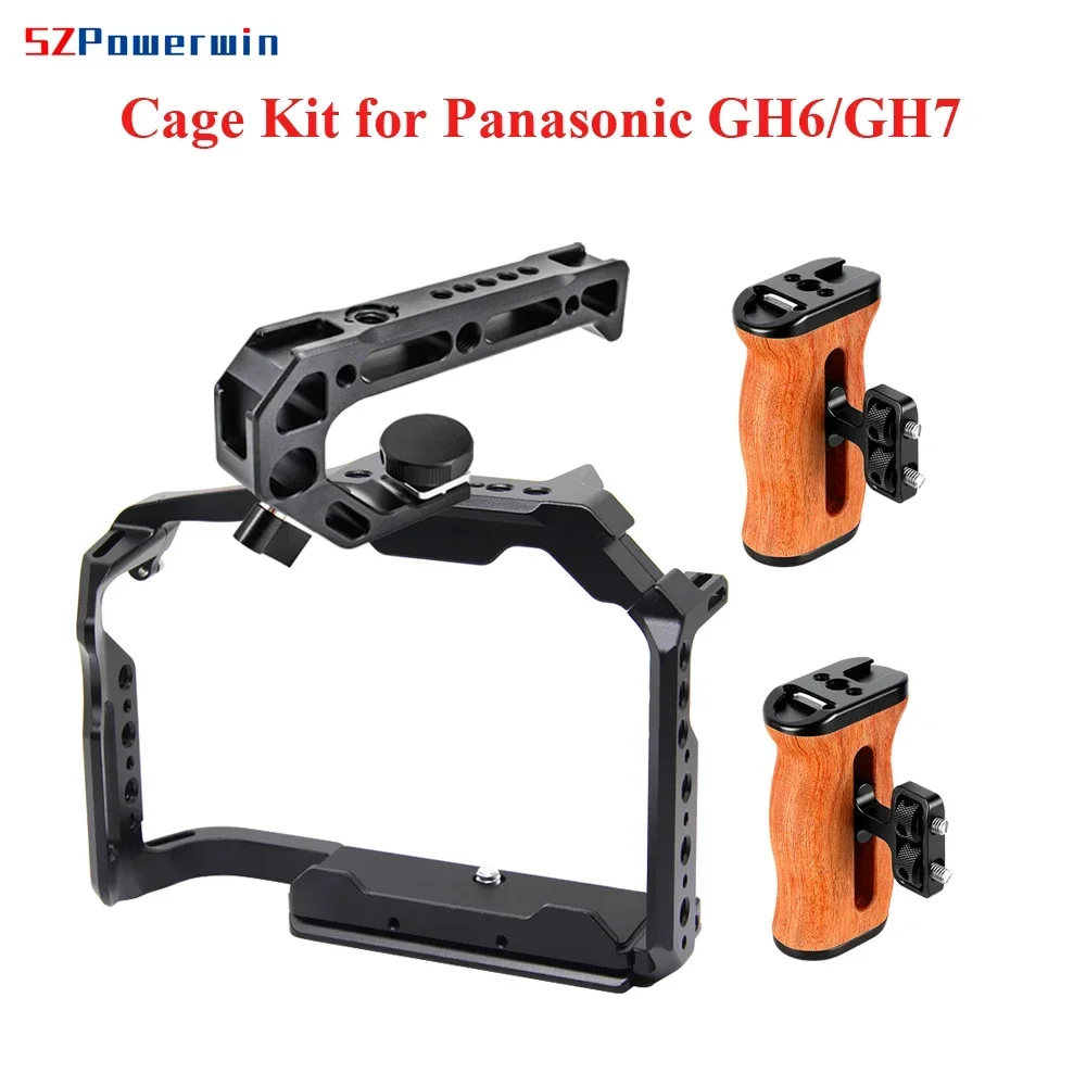 Powerwin for Panasonic GH7 GH6 Camera Cage Kit Stabilizer Rig Protective Frame Gimbal Arri Locating Screw Wooden Handle