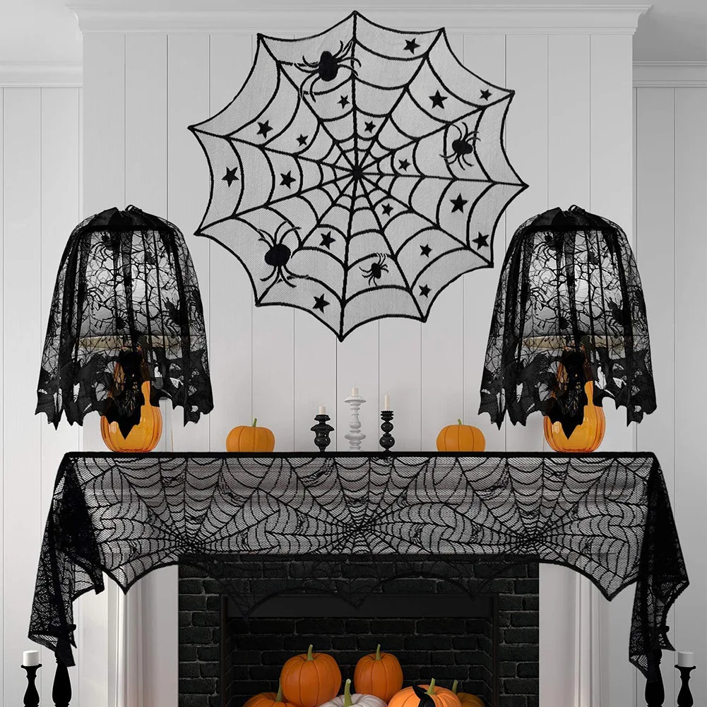 Halloween black lace themed party decorations，Black Lace Spiderweb lampshade，Halloween Favor Goodies for Spooky Home Decorations